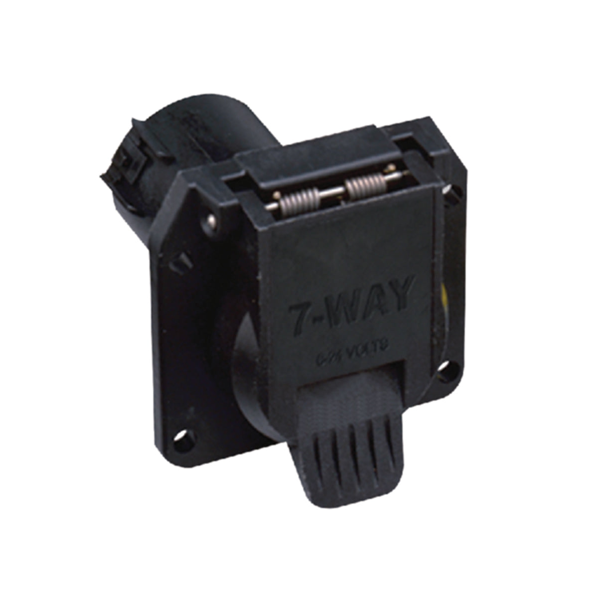 The Seachoice 57861 7-Way Round USCar Style Connector is a black trailer socket with a flip-up "7-WAY" cover and corner mounting holes, designed for 6/12V vehicle electrical connections and compatible with RV trailer wiring setups.