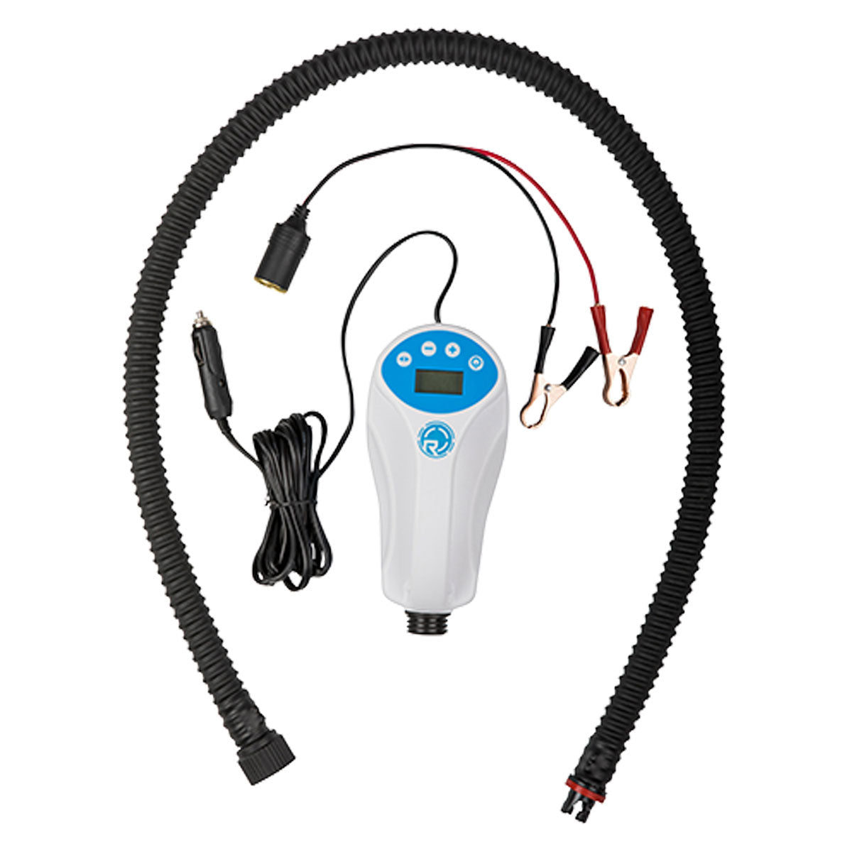 A Radar 15 PSI Drop Stitch Pump with a hose attached to it. The pump provides 12V power and includes an anti-kink hose for convenient use.