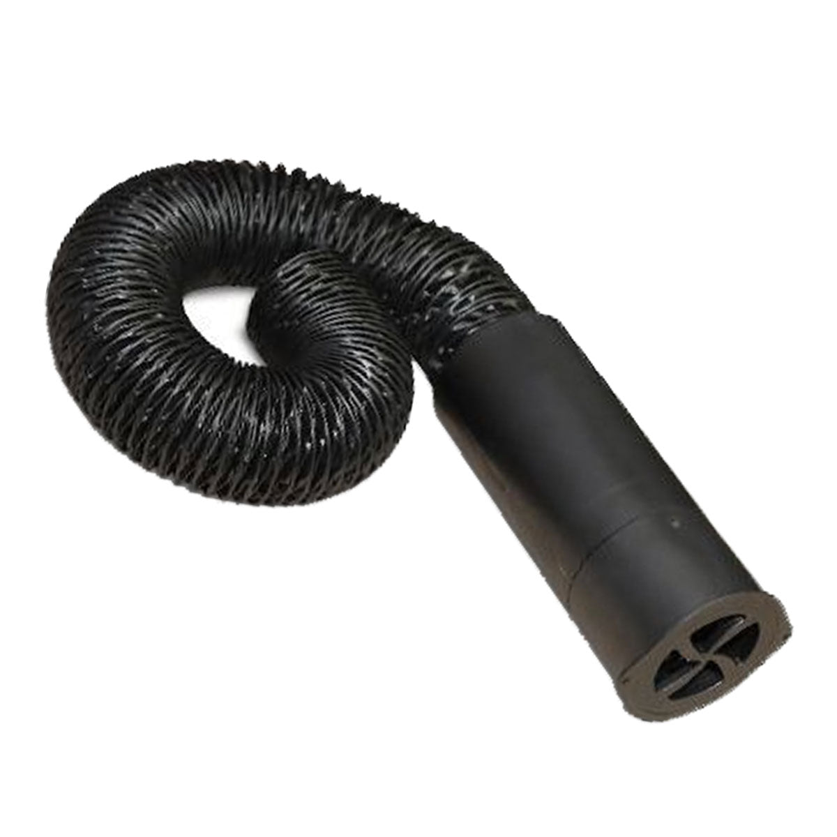 A flexible black corrugated hose attached to a cylindrical black plastic nozzle, similar to the Heatercraft Heater Craft Hot Tube 1st Generation - 760-H509B, forms a loop on a white background.
