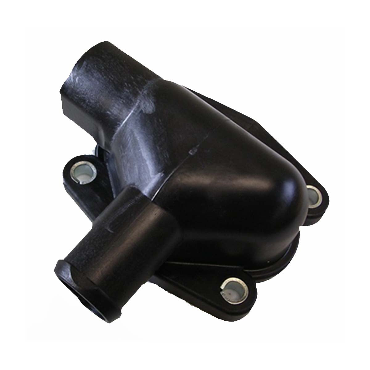 Indmar CAP, HEAT EXCHANGER TOP for Ford 6.2L (part #605900): black plastic housing with two cylindrical hose connections and three mounting holes. Often paired with a thermostat housing. Shown on a plain white background.