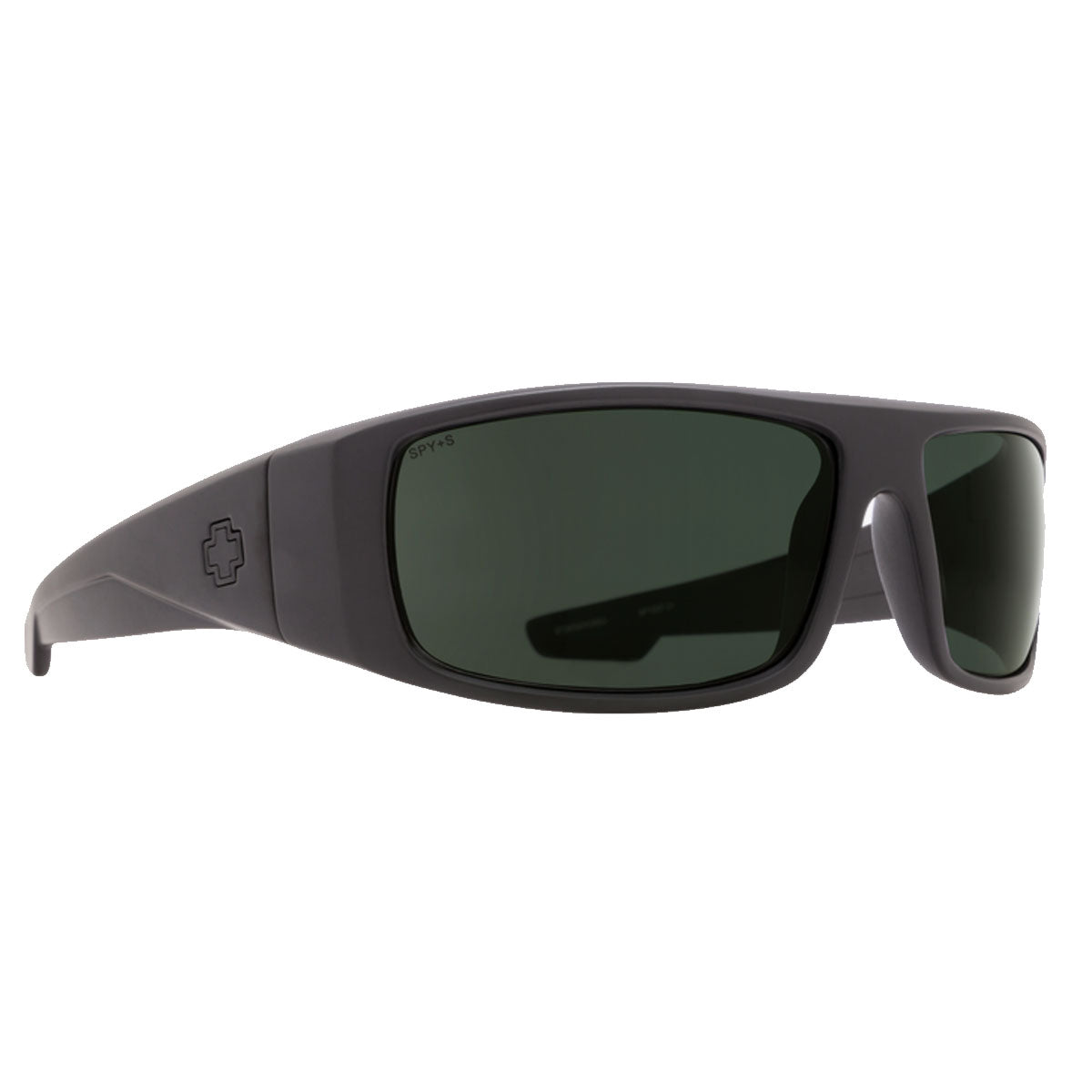 Spy Logan sunglasses by Spy in matte black feature a wraparound design, thick arms with a cross logo, and HD+ gray green lenses for enhanced clarity.