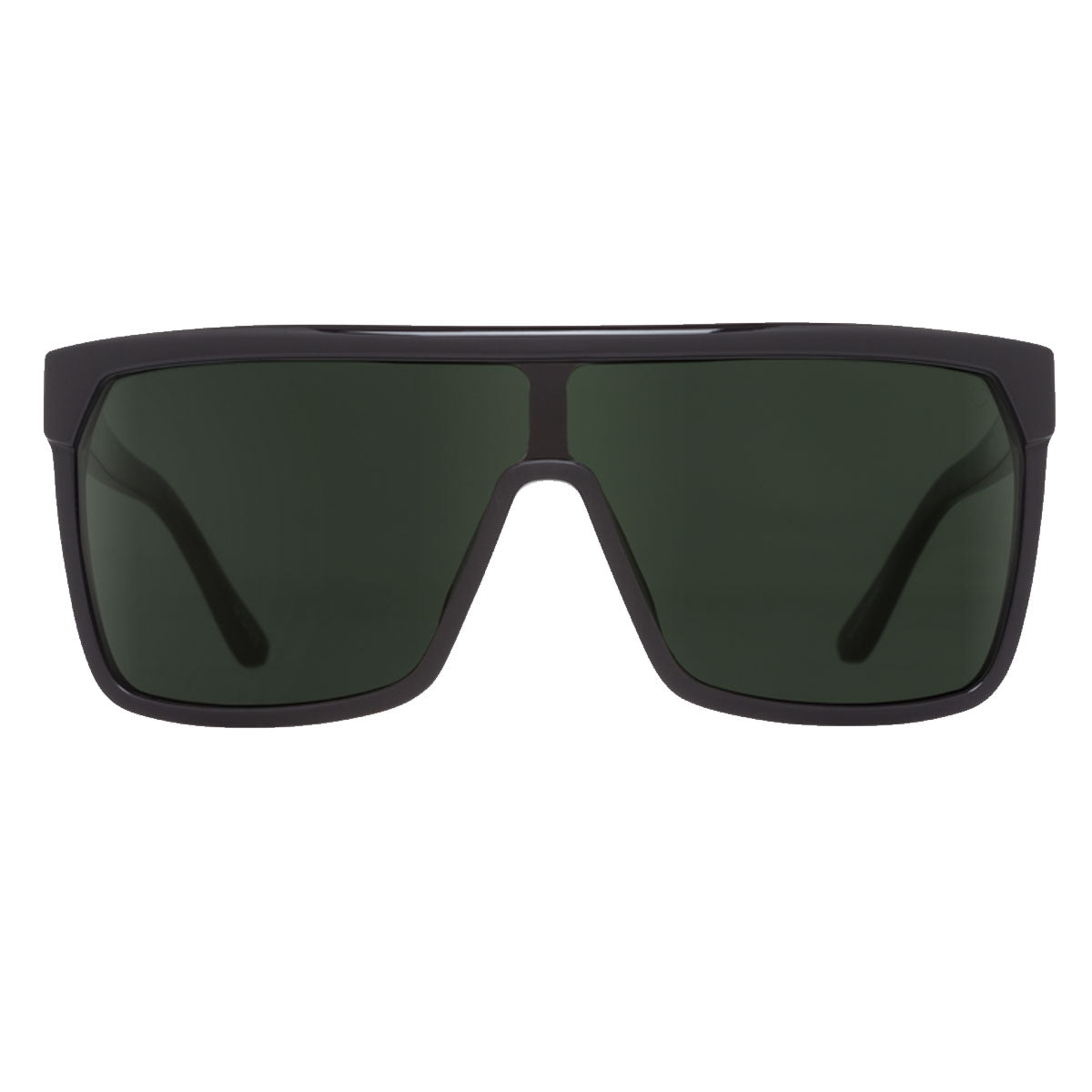 The Spy Flynn sunglasses in Black/Matte Black feature thick, rectangular Grilamid® frames and Happy Gray Green lenses. These bold, modern shades provide 100% UV protection and showcase a stylish front-facing design.