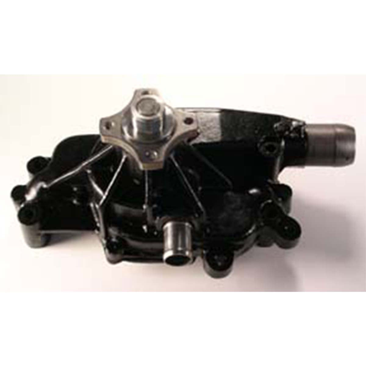The Indmar PUMP WATER CIRC 8.1 - 551645 is a black automotive water pump with metal fittings and a silver circular hub from the Indmar brand, designed for 8.1 engines, shown on a plain white background.