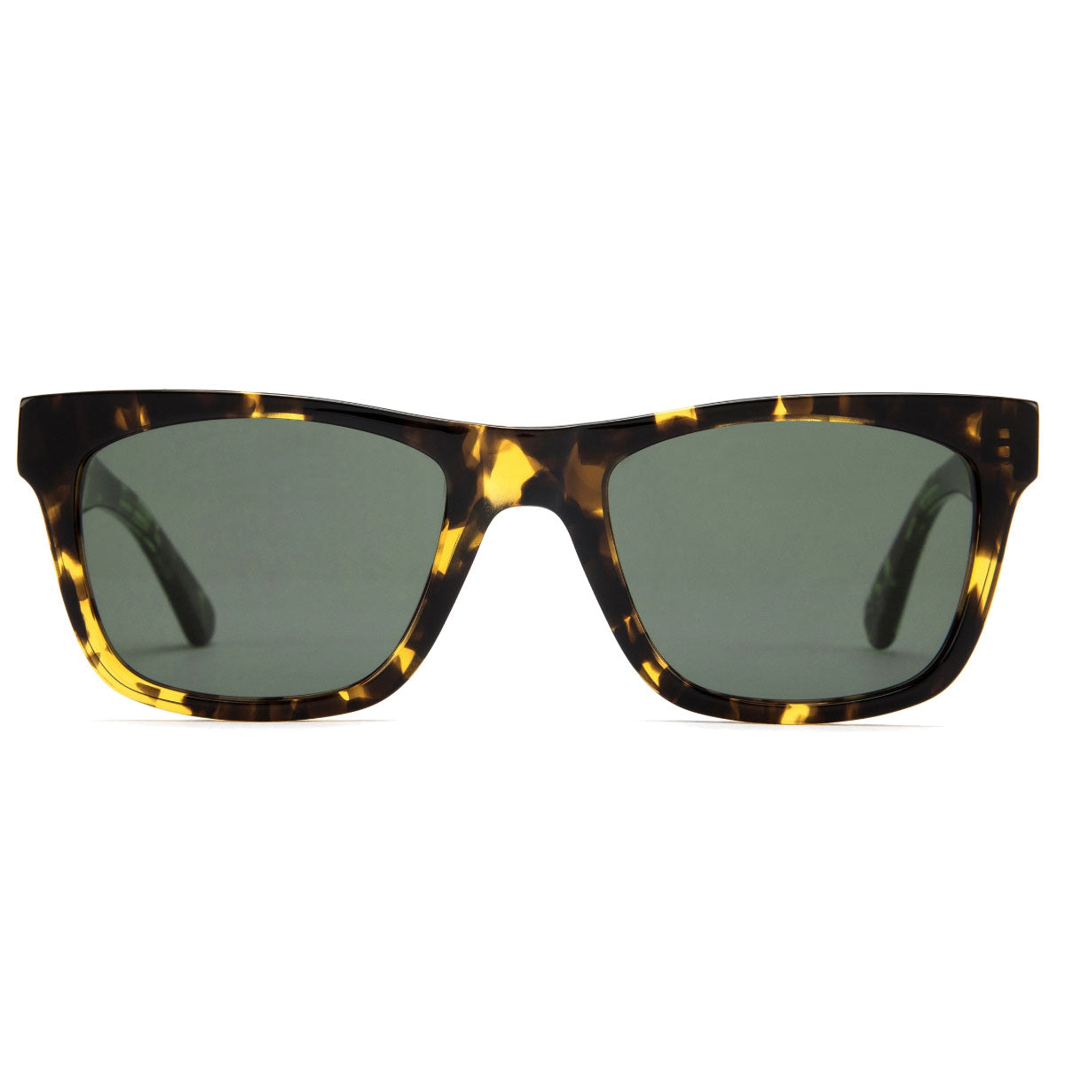 Otis Hawton sunglasses in Dark Tort/Green Polar: square acetate frames with a tortoiseshell pattern and dark green mineral glass lenses, offering 100% UV protection, shown front view on a white background.