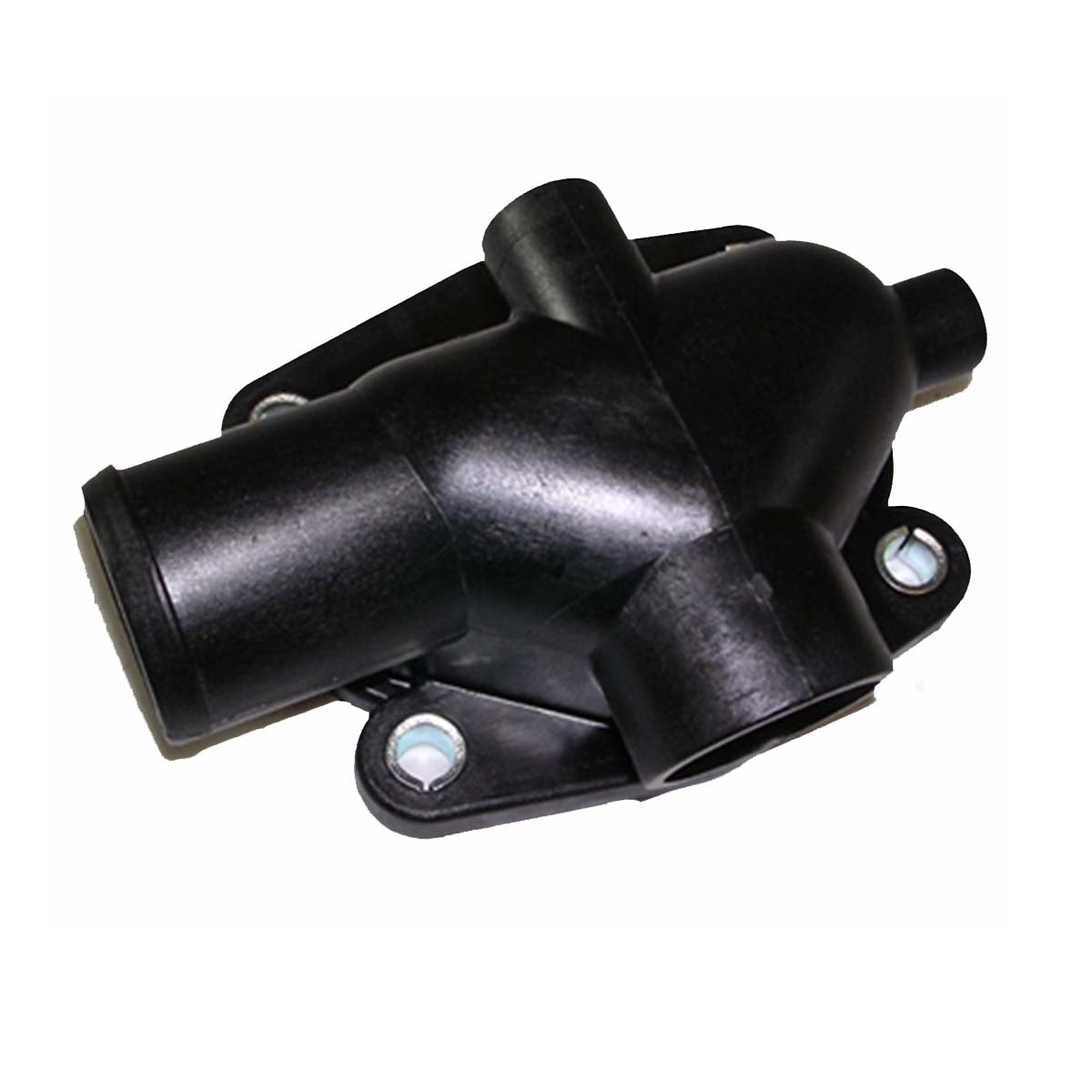 The Indmar CAP, HEAT EXCHANGER BOTTOM FORD 6.2L 575 (605903) is a black plastic thermostat housing with two circular openings and two mounting holes, shown on a white background. Compatible with Ford 6.2L engines and Indmar heat exchanger systems.