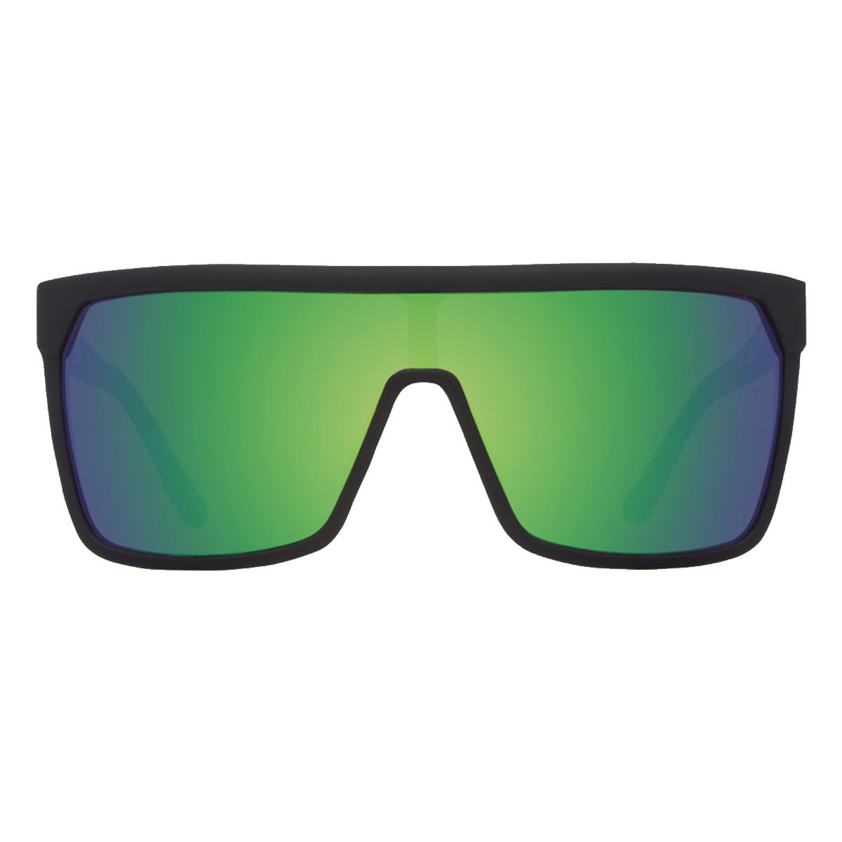 Front view of Spy Flynn sunglasses by Spy in matte black Grilamid with wide rectangular frames and HD Plus bronze lenses featuring a green Spectra mirror for enhanced UV protection.