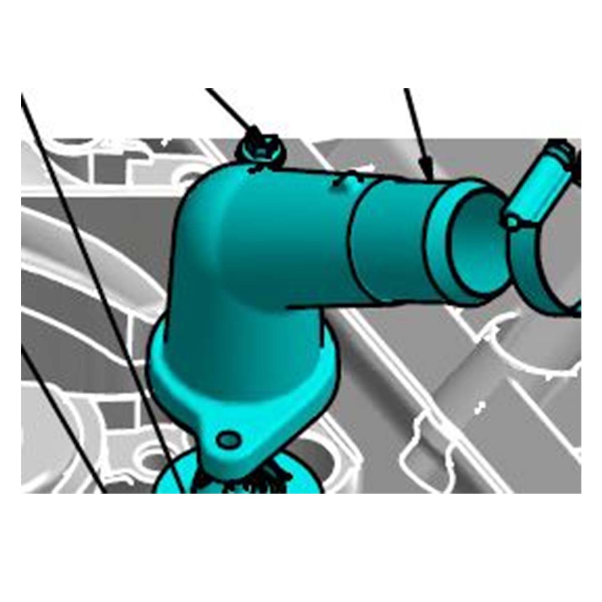 A digital illustration features the Indmar HOUSING, THERMOSTAT FORD 6.2L - 605905, a teal elbow-shaped part with bolts and attachments, highlighted by technical diagrams and arrows, designed specifically for Indmar Ford 6.2L engines.