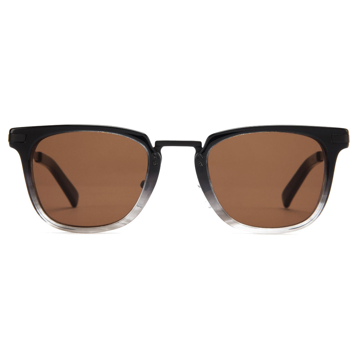 Front view of Otis the Talk sunglasses by Otis, featuring rectangular brown polar mineral glass lenses, a smoke gradient acetate-metal frame that fades to clear at the bottom, thick arms, and 100% UVA/UVB protection.