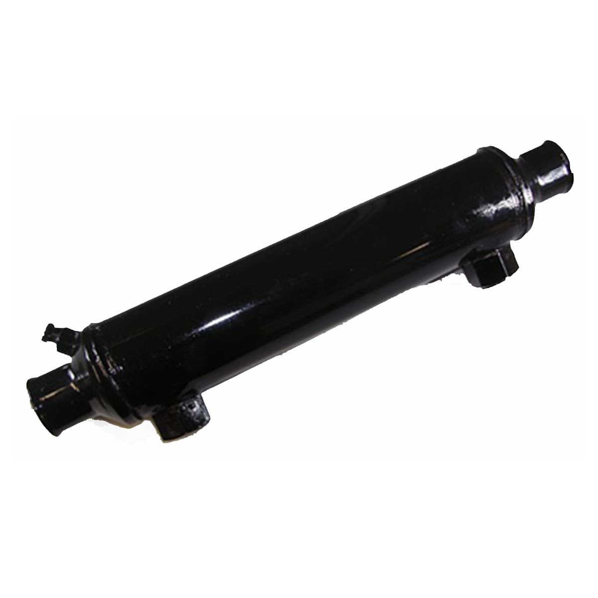 The Indmar COOLER 9" STD w/ORING THREAD (865004) is a black cylindrical heat exchanger with four pipe connections (two per end), shown against a white background.