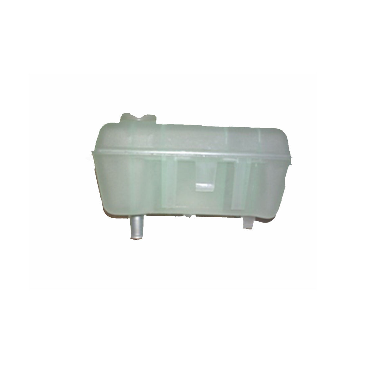 The Indmar TANK HIGH FILL F/W 6.OL - 866102 is a translucent plastic coolant reservoir with two pipe connections and a ribbed surface, ideal for supercharged engines. Brand: Indmar. Shown isolated on a white background.