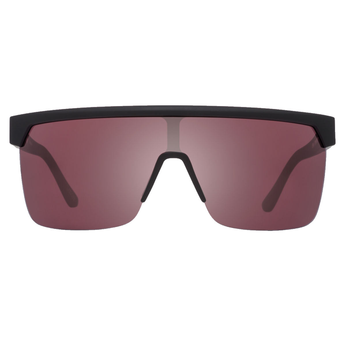 The Spy Flynn 5050 sunglasses feature a matte black, semi-rimless frame and a single wide HD Plus Rose/Silver Spectra Mirror lens. With 100% UV protection, these sporty shades have a flat top and no visible nose pads for a sleek look.
