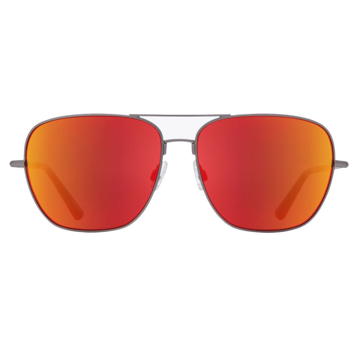 The Spy Tatlow sunglasses in Matte Gunmetal feature thin metal aviator frames and HD Plus Gray Green lenses with a Red Spectra Mirror finish, shown from the front against a plain white background.