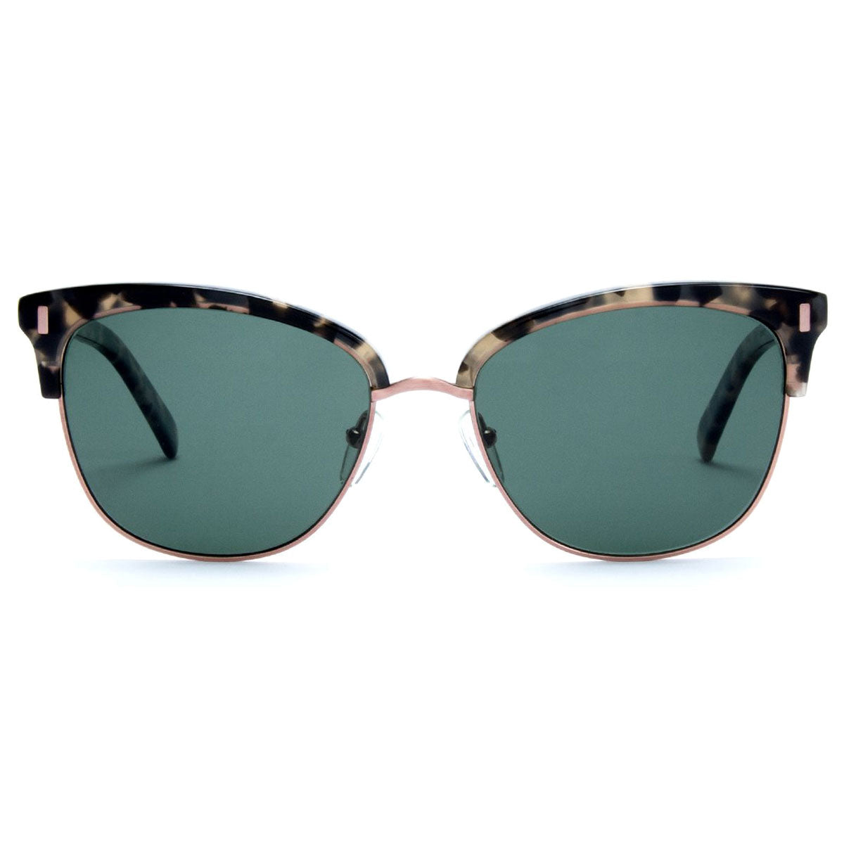 The Otis Little Lies - Black Tort/Grey Polar sunglasses by Otis feature stylish cat-eye frames in black tortoiseshell, grey polarised lenses with UVA/UVB protection, and a gold metal bridge, displayed against a white background.