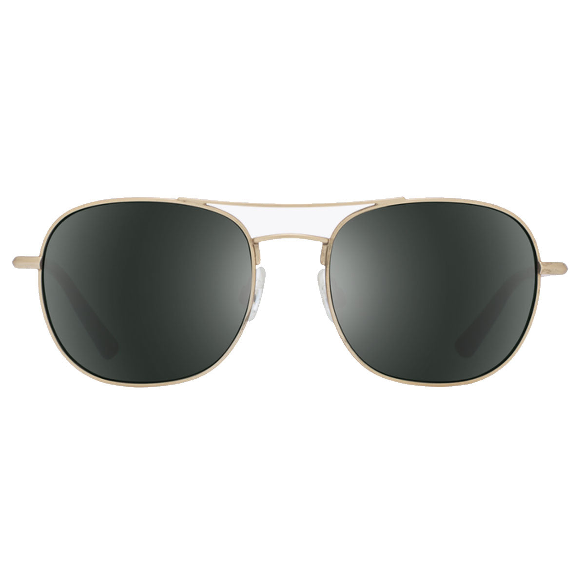 A pair of Spy Pemberton sunglasses in Antique Gold with a thin metal frame, HD Plus Gray Green lenses, and Black Spectra Mirror, shown from the front.