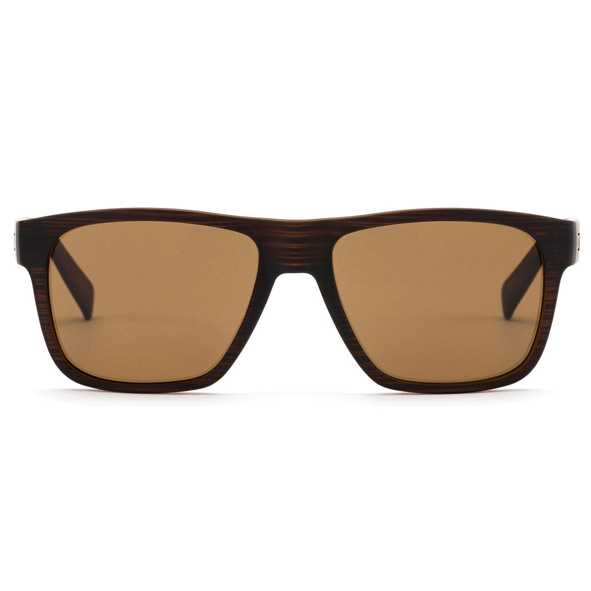 Front view of Otis Life On Mars sunglasses in Woodland Matte, featuring L.I.T. Polar Brown lenses with 100% UVA/UVB protection and a dark, wood-textured rectangular frame.