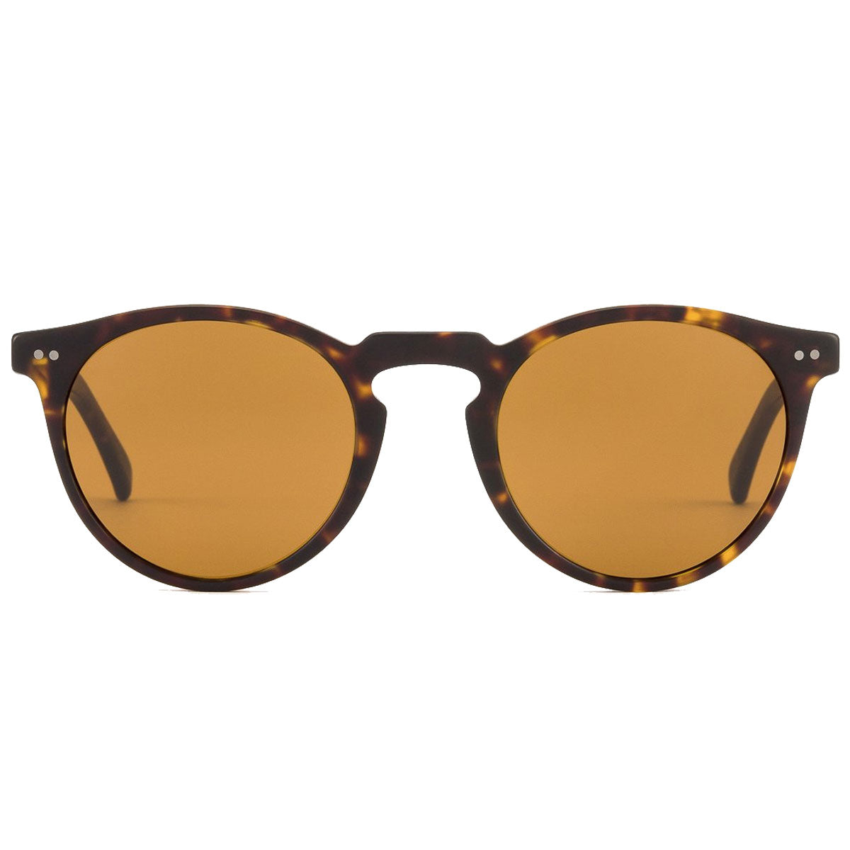 The Otis Omar sunglasses in Matte Dark Tort/Brown feature brown-tinted mineral glass lenses and a tortoiseshell frame, shown front-on against a white background, providing reliable UVA/UVB protection.