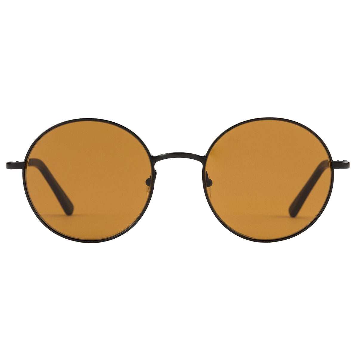 The Otis Winston - Wire sunglasses by Otis feature thin matte black round frames and brown mineral glass lenses, shown from the front against a plain white background.