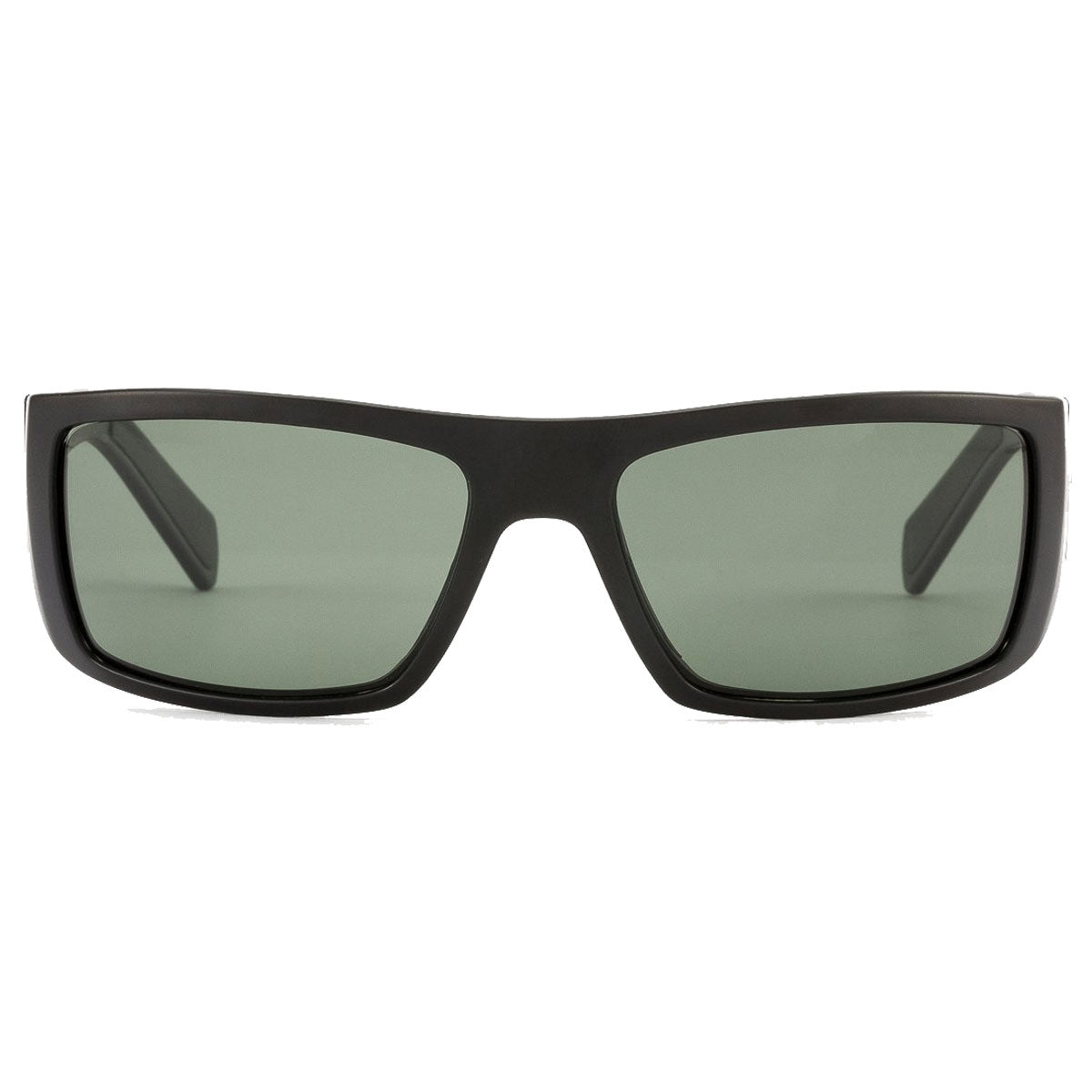 Front view of Otis Portside sunglasses in matte black with grey polar lenses, offering 100% UVA/UVB protection, shown against a plain white background.