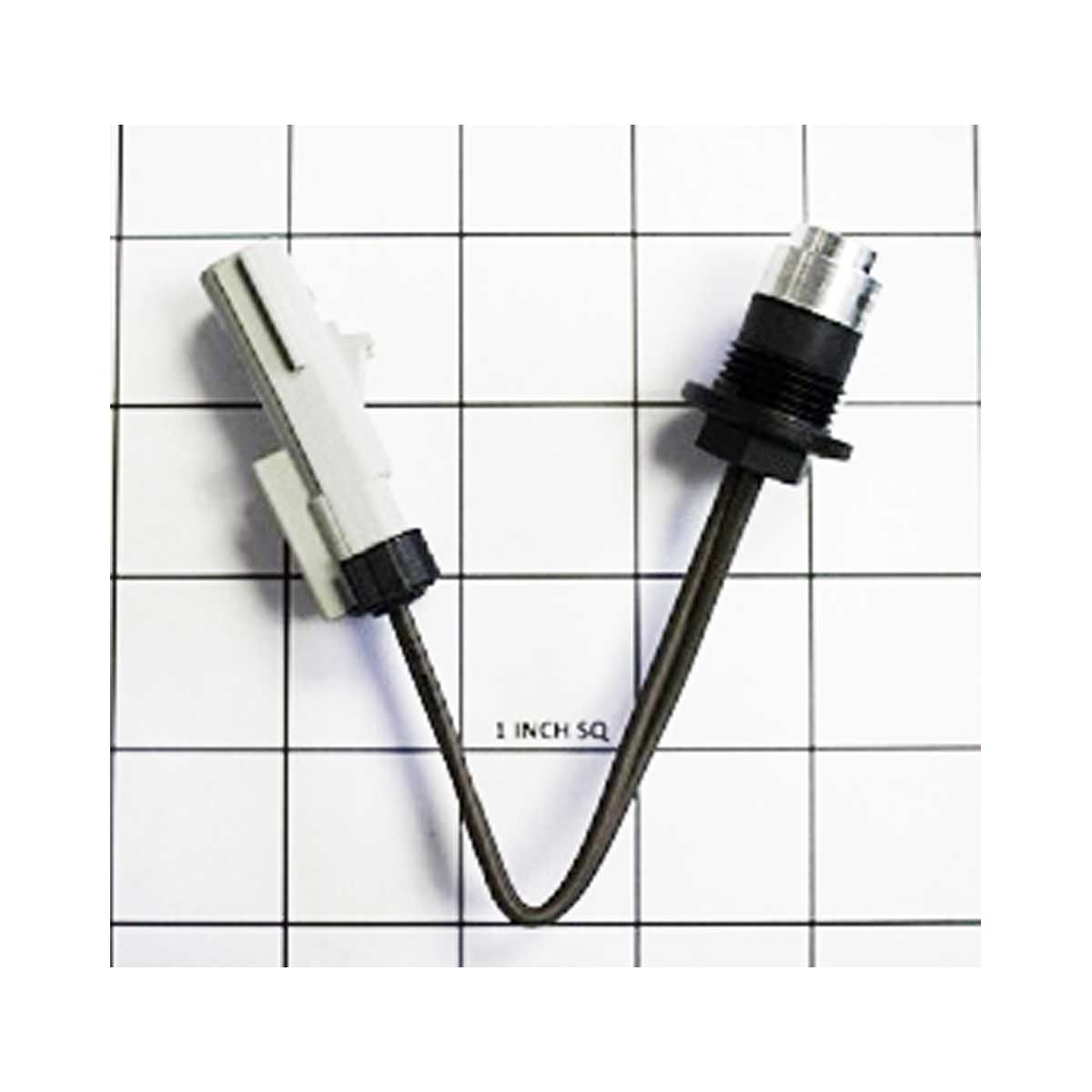 An Indmar Skin Temp Sensor (597093) from Indmar, featuring a short cable with a gray plastic connector on one end and a metal cylindrical connector with a black ring on the other, is shown on a 1-inch square grid background.