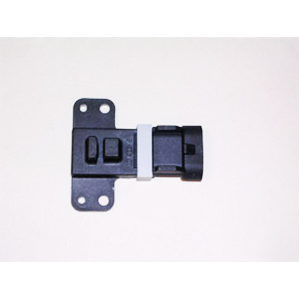 A black and gray Indmar SENSOR HVS CAM POSITION (part #556350) plastic electrical connector with four mounting holes is shown on a white background. Ideal for cam position sensing applications. Brand: Indmar.