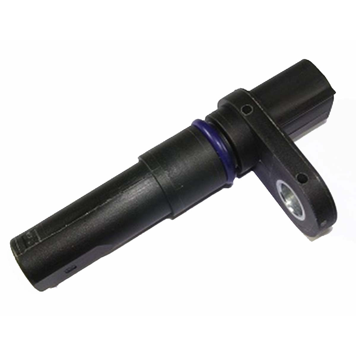 The Indmar SENSOR CAM POSITION 6.2 FORD - 592087 is a black plastic sensor with a cylindrical body, O-ring seal, and mounting bracket with metal insert, designed for 6.2 Ford and Indmar engines.
