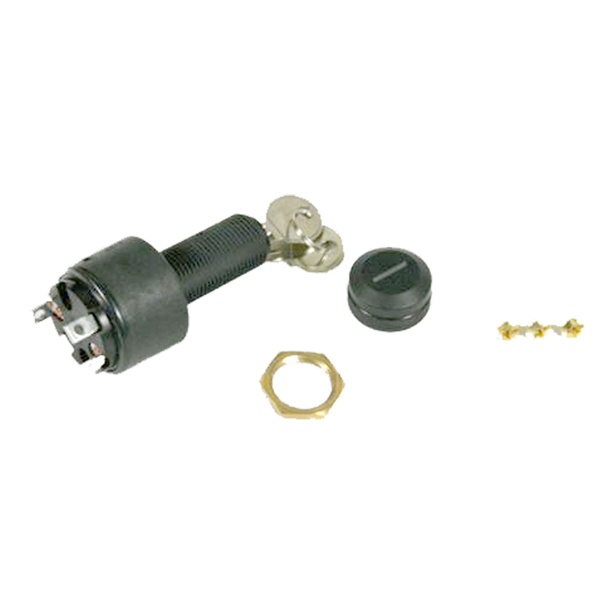 The Supra Skiers Choice Ignition Switch - 101531 features attached keys, a black plastic cap, brass hex nut, and three small brass connectors, compatible with Supra and Moomba boats; all items are displayed on a white background.