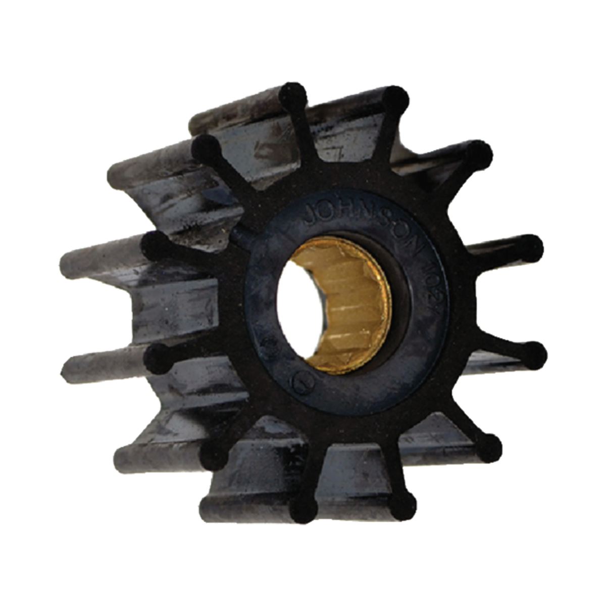 The Johnson F5B Impeller Kit - 189-091027B1 by Johnson features a black rubber impeller with flexible blades and a brass center, designed for marine engine water pumps, and is displayed on a white background.