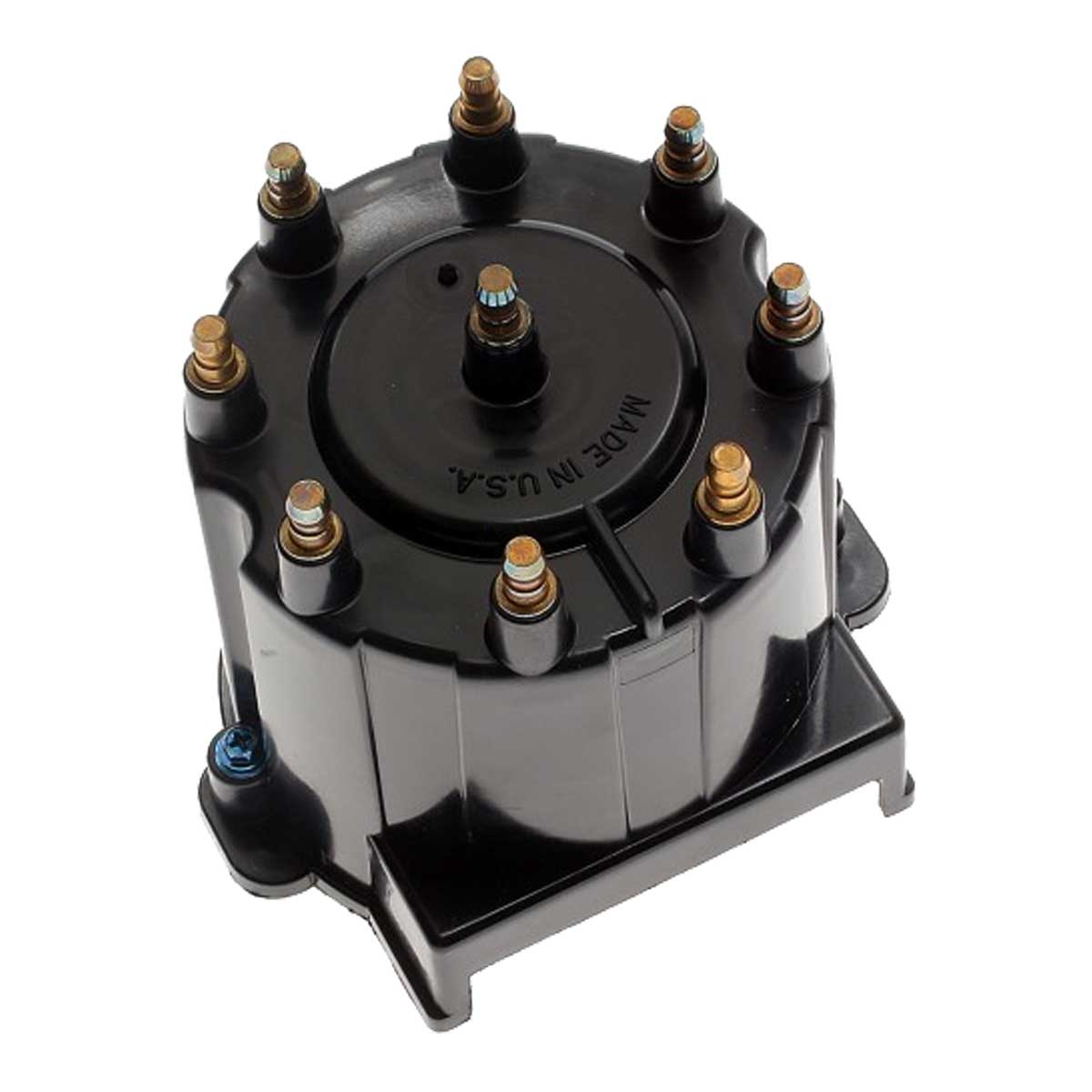 The NAPA Echlin Cap - RR249 is a black distributor cap with nine metal terminals and a center terminal, MADE IN U.S.A., meets OE specs for ignition systems, ISO9000 compliant, and trusted by NAPA.