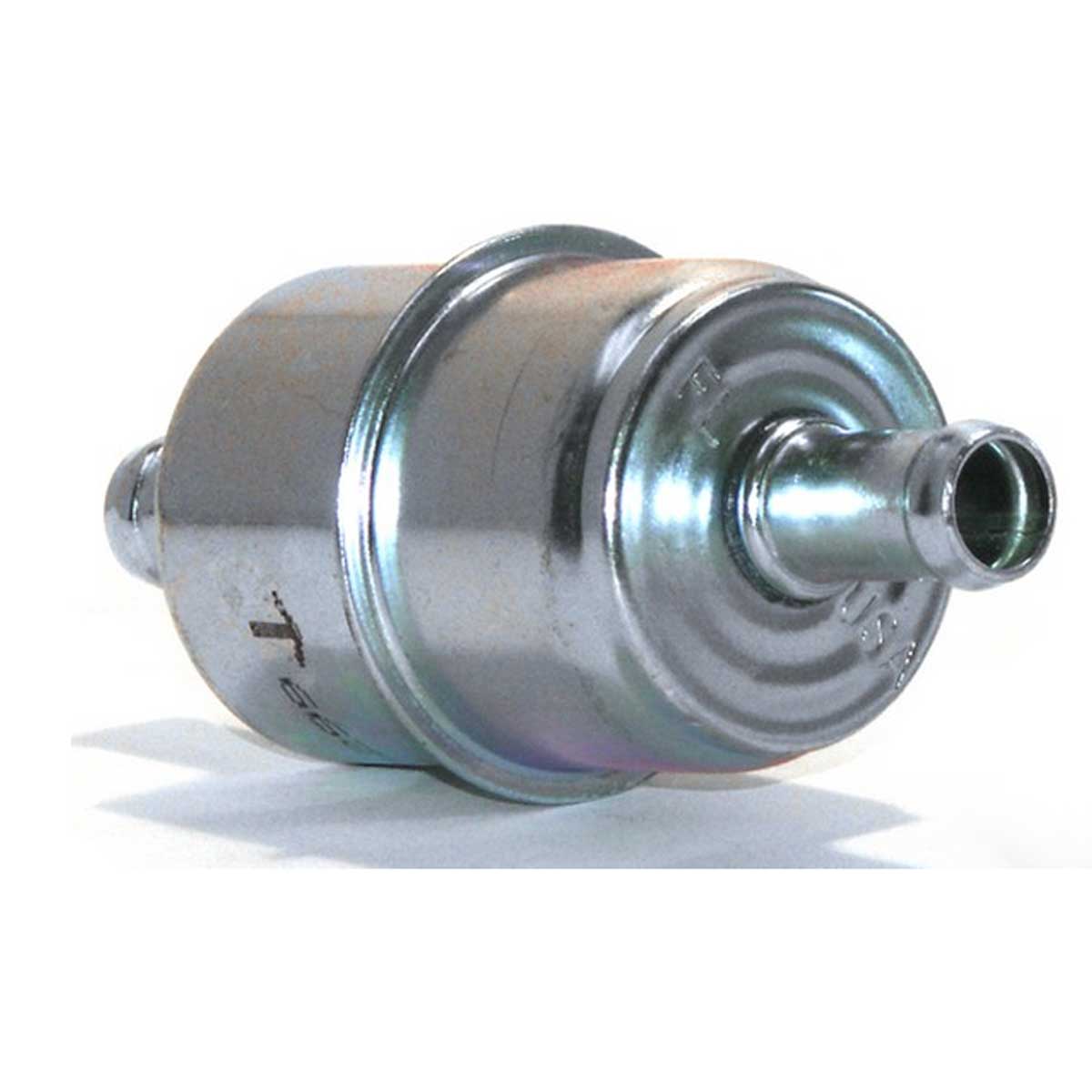 The NAPA Gold Filter - 3299 by NAPA is a cylindrical metal fuel filter with 10-micron filtration and inlet/outlet tubes on both ends, shown on a white background.