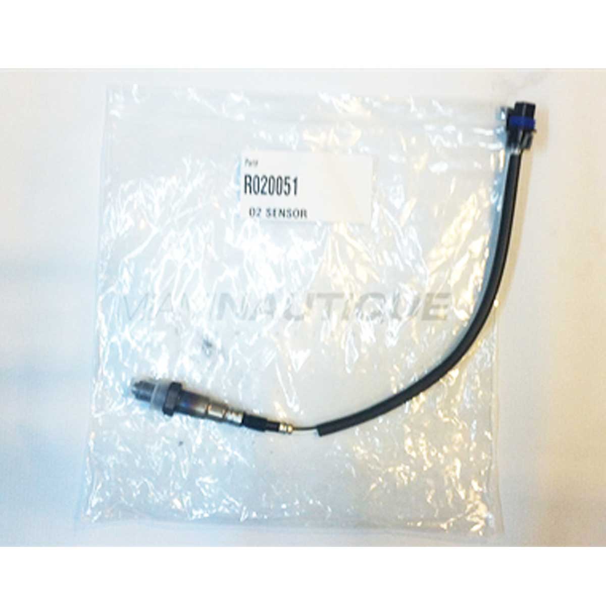 The PCM Oxygen Sensor 02 - R020051 (596100) by PCM features attached wiring and a blue connector, packaged in a clear plastic bag—an essential part for your boat’s maintenance or replacement needs.