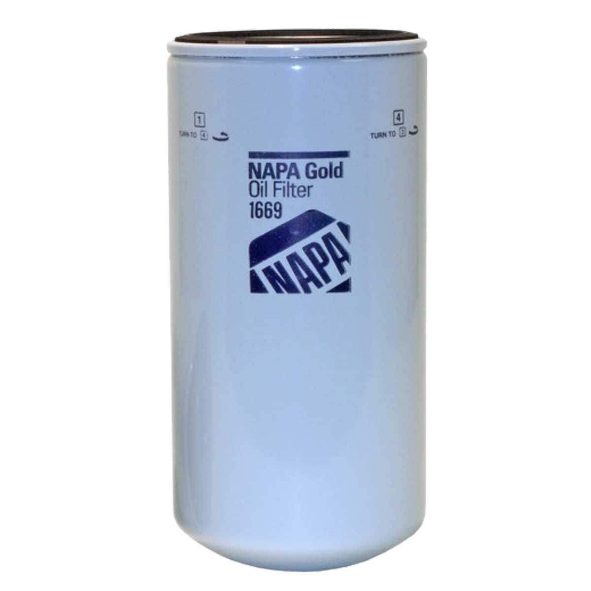 A white cylindrical NAPA Gold Fluid Filter 1669 with black text and logo, featuring 8-micron contaminant holding capacity, is displayed upright against a plain white background.