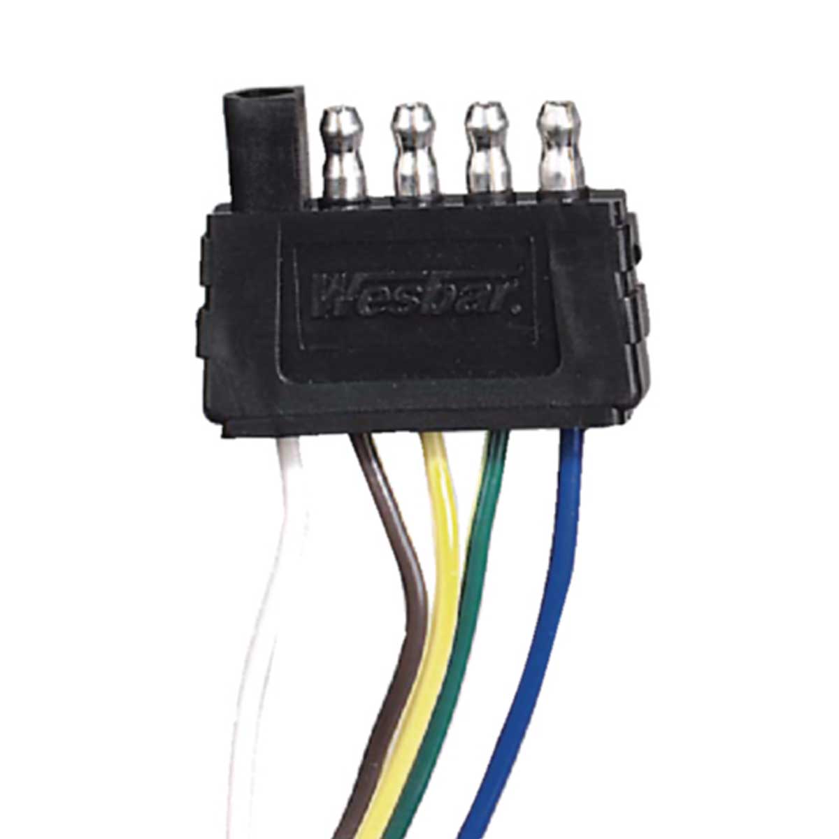 A black Fulton 5 Way 18 Trailer Connector (274-702405) features exposed metal terminals and five colored wires—white, brown, yellow, green, blue—extending from the bottom, engineered to meet SAE reliability and safety standards.