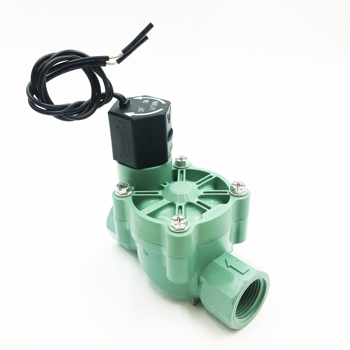The Supra Skiers Choice Solenoid Ballast Valve 3/4 (104472) is a green plastic valve with a black electronic top and two black wires, designed for use in Moomba and Supra boats, shown on a plain white background.