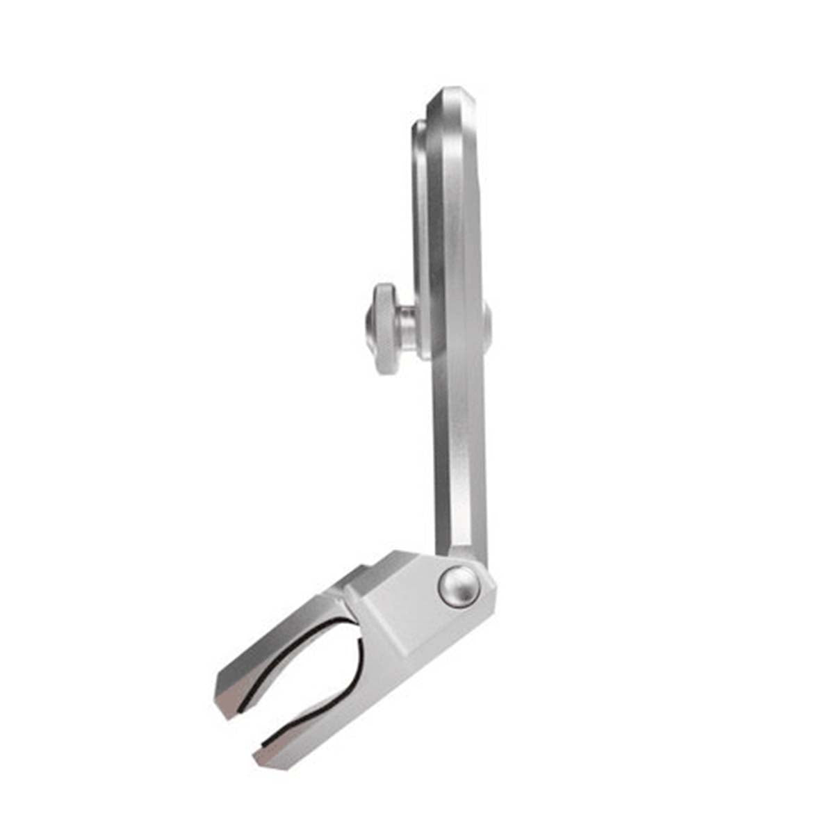 Side view of the PTM Edge ZXR-320 Windshield Mounted Pivoting Mirror Bracket, a metallic clamp tool with screw joint, U-shaped grip, and adjustable arm—ideal for secure mirror mounting—shown isolated on a white background.