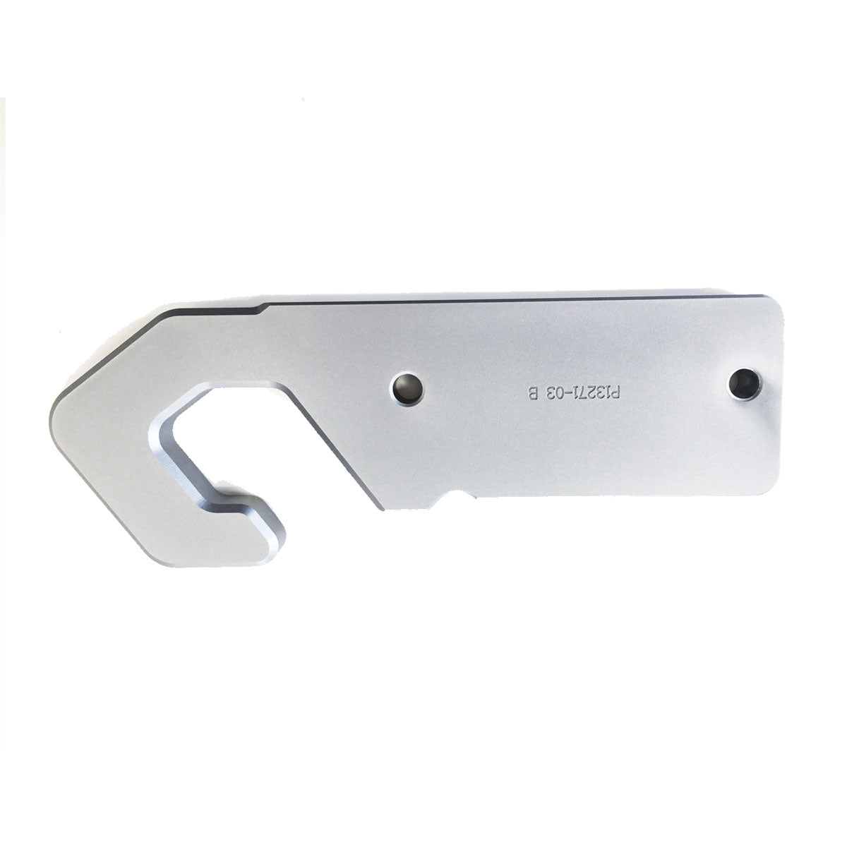 The Malibu Tow Surf Points GX 19 - 6165009-ANGR is a flat, silver metal tool with two holes and an angled hook for 2019 Malibu Tow Surf GX towers, engraved with P/N2771-02 B.