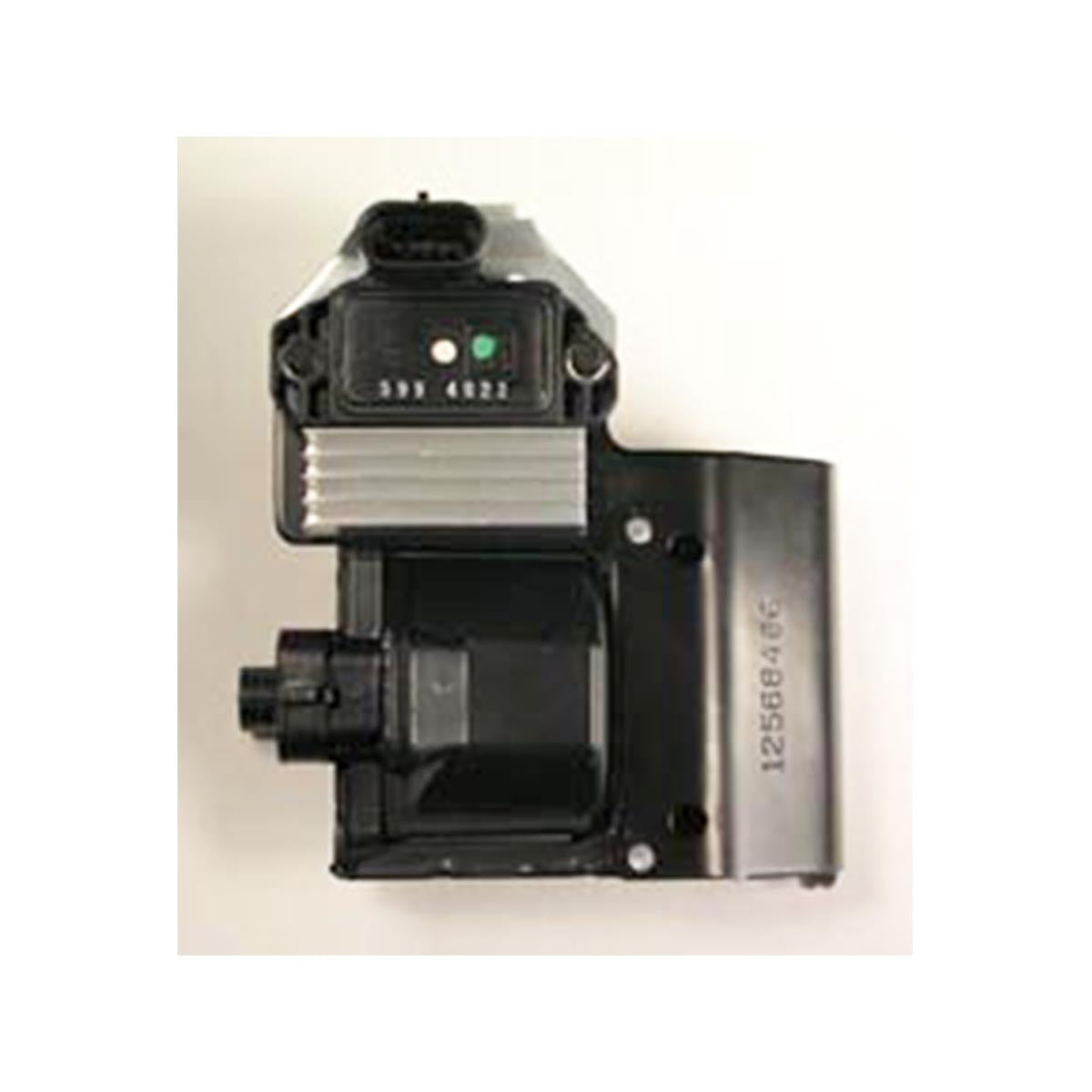 The Indmar COIL ASSY HVS W/MODULE - 756343 by Indmar is a black and silver automotive electronic control module with a top connector port, visible serial number 756343, and a ridged metal heat sink, shown on a white background.