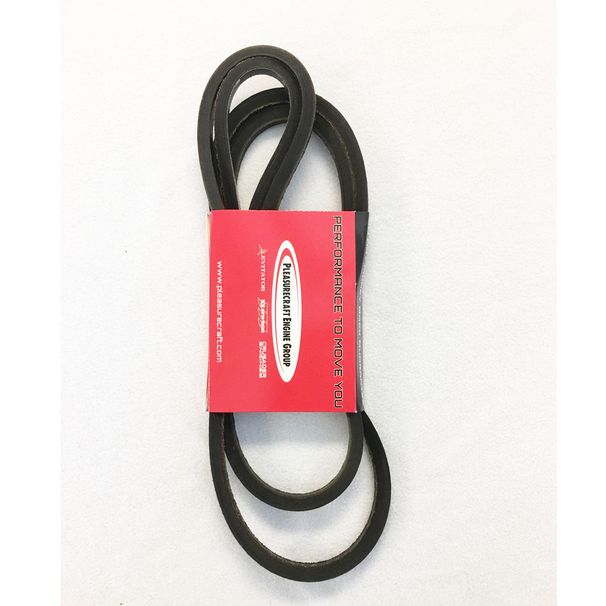 A black PCM 351W Drive Belt (RP066001/8) is looped in a figure-eight and secured with a red paper sleeve labeled "Thermal Craft Belt Group" displaying the PCM brand and product details.