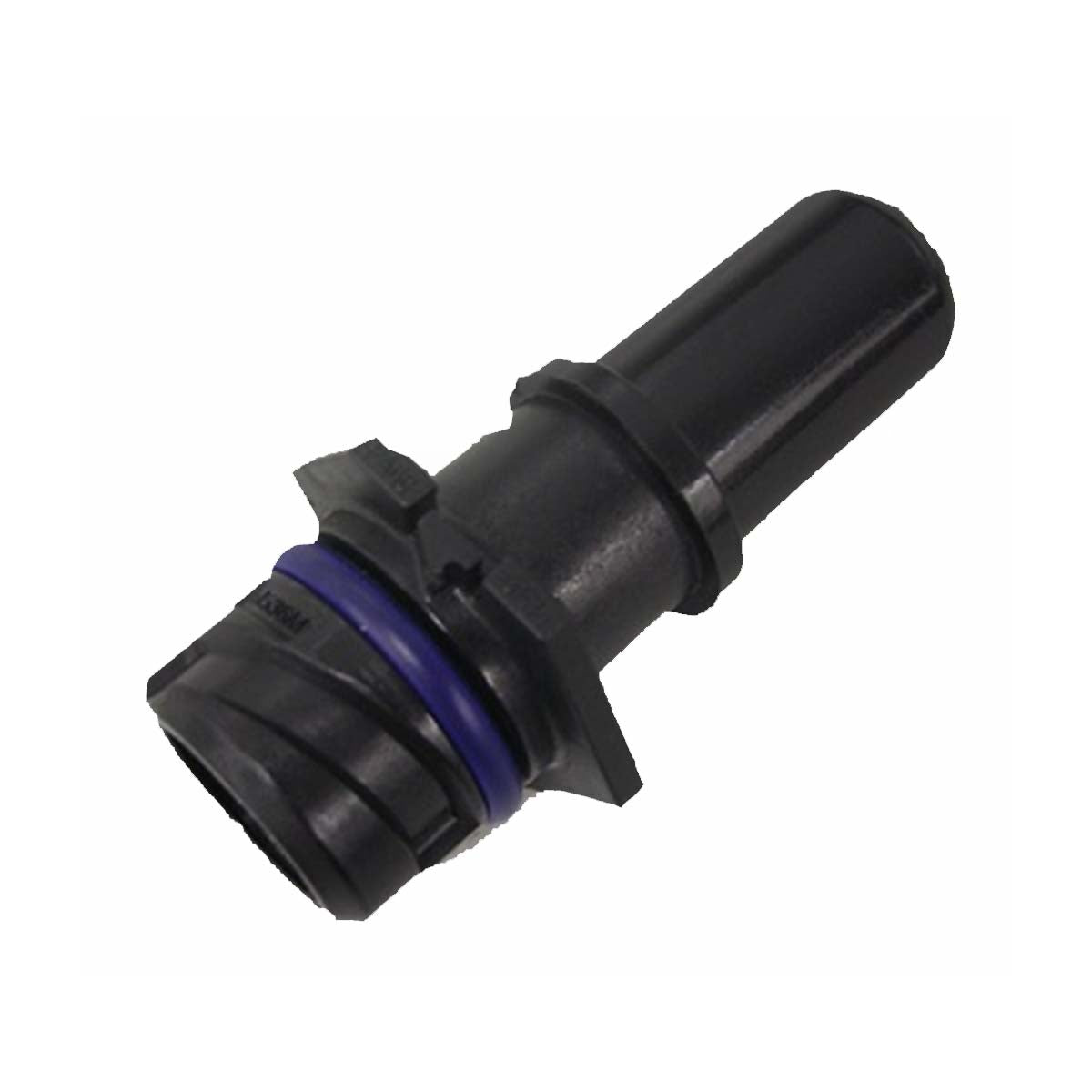 The Indmar ELBOW VENT FORD 6.2. (594222), by Indmar, is a black cylindrical automotive sensor with a blue gasket and grooved connector, shown on a white background, compatible with Ford 6.2 engines.