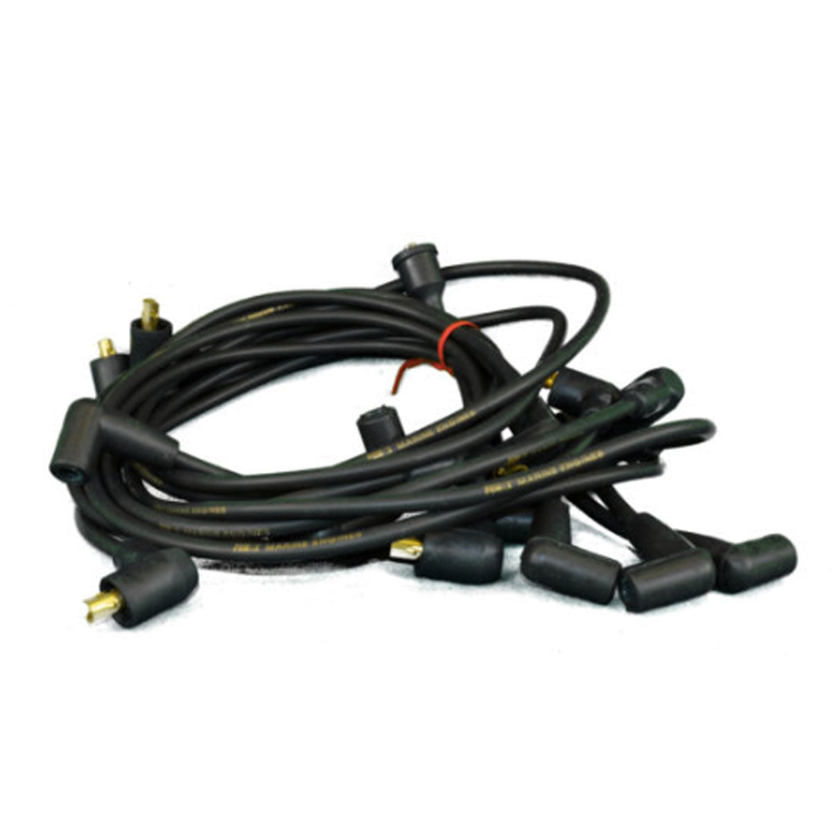 The PCM Spark Plug Wire Set #RA121008/9 by PCM features black coiled ignition wires with rubber boots at both ends, designed for connecting spark plugs in PCM engines. The wires are bundled loosely together.