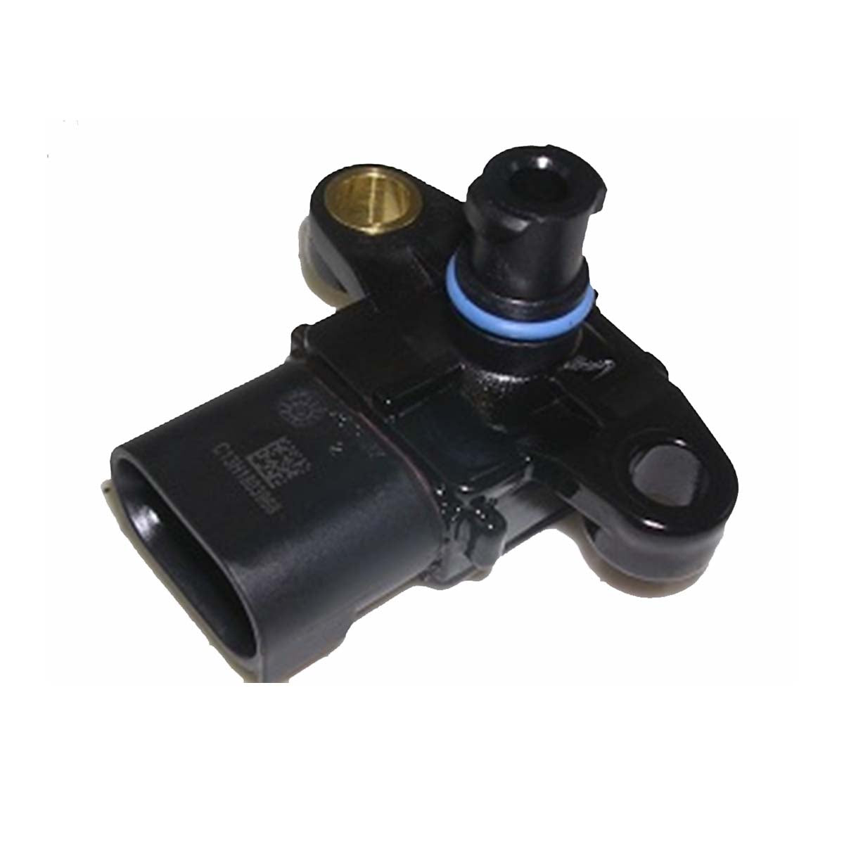 The Indmar SENSOR MAP 6.2 FORD - 597199 by Indmar is a black MAP sensor with a blue ring, metal contact, and rectangular connector, designed for 6.2L Ford engines and shown isolated on a white background.