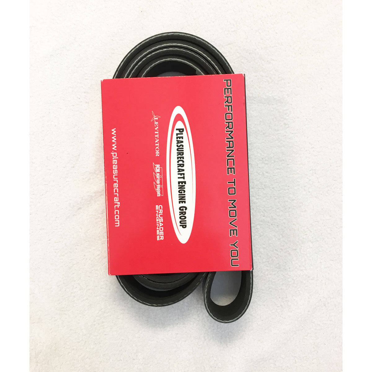 A black PCM Serpentine Belt 5.7 LT (R066028) from PCM is coiled and partially wrapped in red packaging with "Pleasurecraft Engine Group" and the slogan "Performance to Move You" printed vertically on the right side.