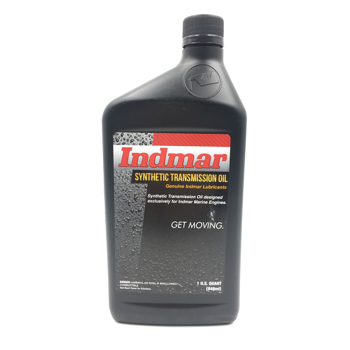 A 1-quart black bottle of Indmar Synthetic Transmission Oil with a red, yellow, and black label reads “Synthetic Transmission Oil—Get Moving. Genuine Indmar Lubricants for Indmar V-Transmission,” shown on a white background.