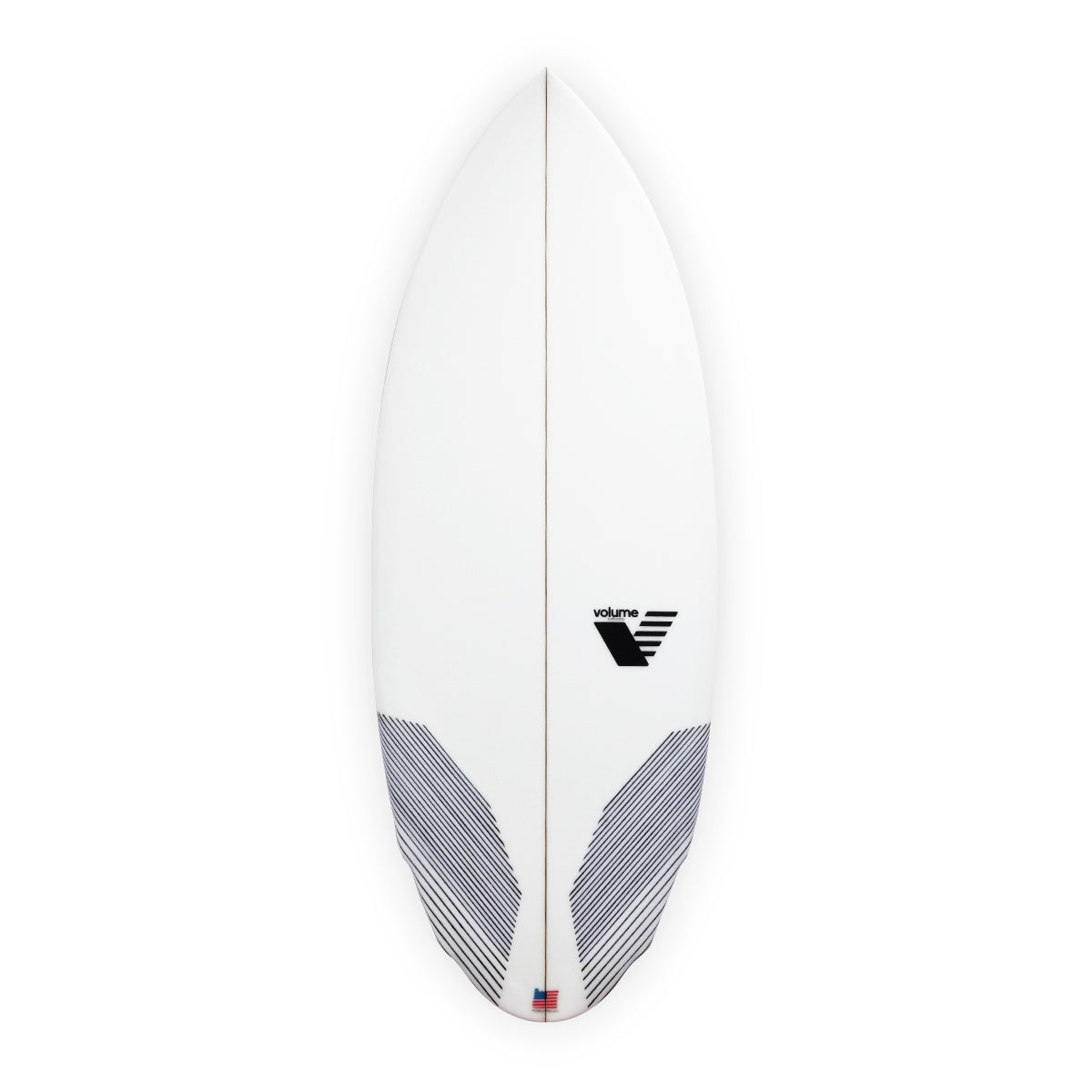 The Volume Oracle Wakesurf Board by Volume is a white, aggressive board with a pointed nose, black geometric graphics, and subtle vertical stripes. Hand glassed for quality, it suits intermediate to advanced surfers and features the VOLUME logo at the center.
