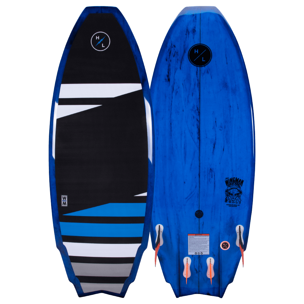 A blue Hyperlite 2022 Wingman Wakesurf Board with black and white stripes designed with twin fin setup for optimal performance.