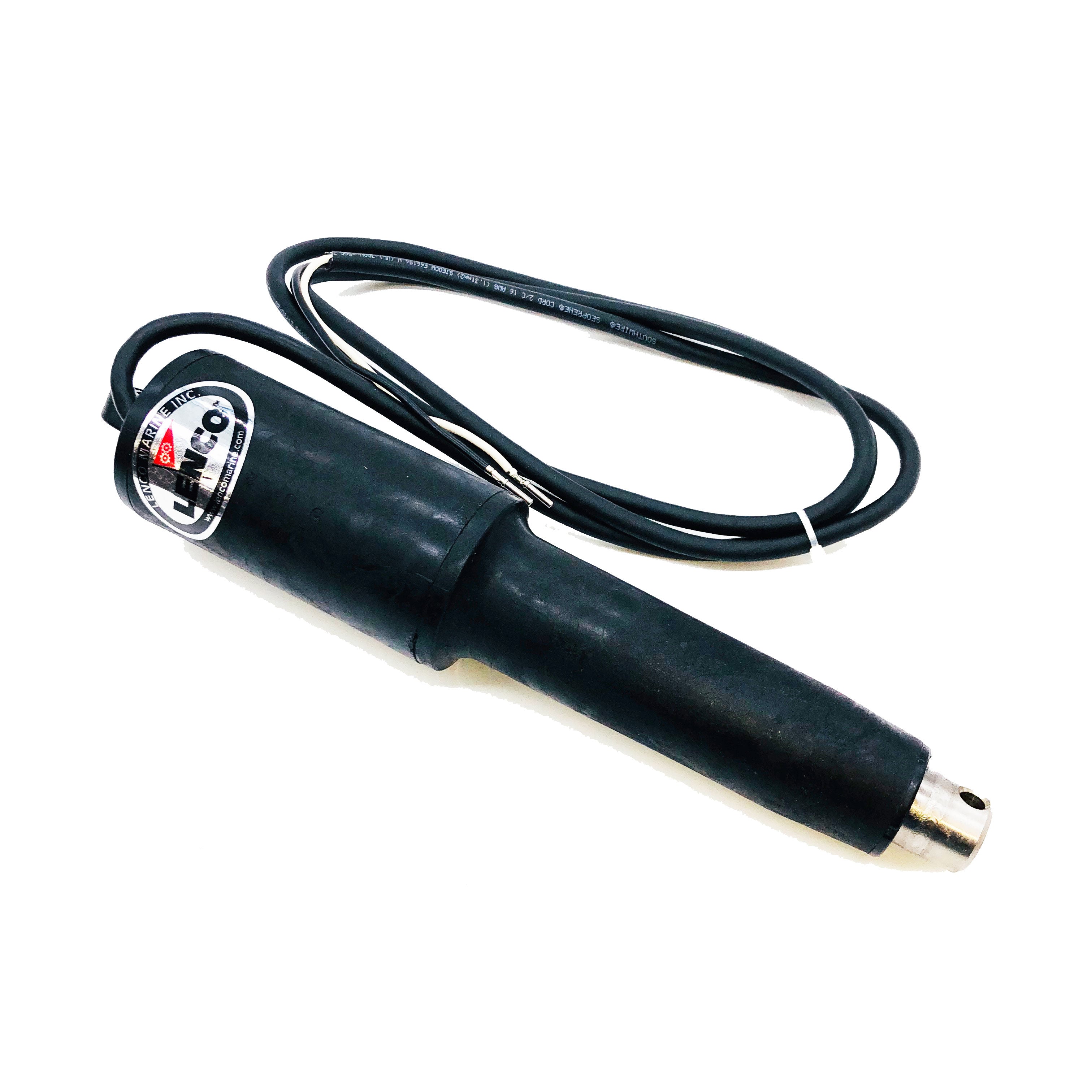 The Malibu Power Wedge Actuator 5-Pole, 4-1/4" Stroke (5615008) by Malibu is shown with a coiled cable, featuring a robust build and labeled near the connection point, designed for optimal performance.