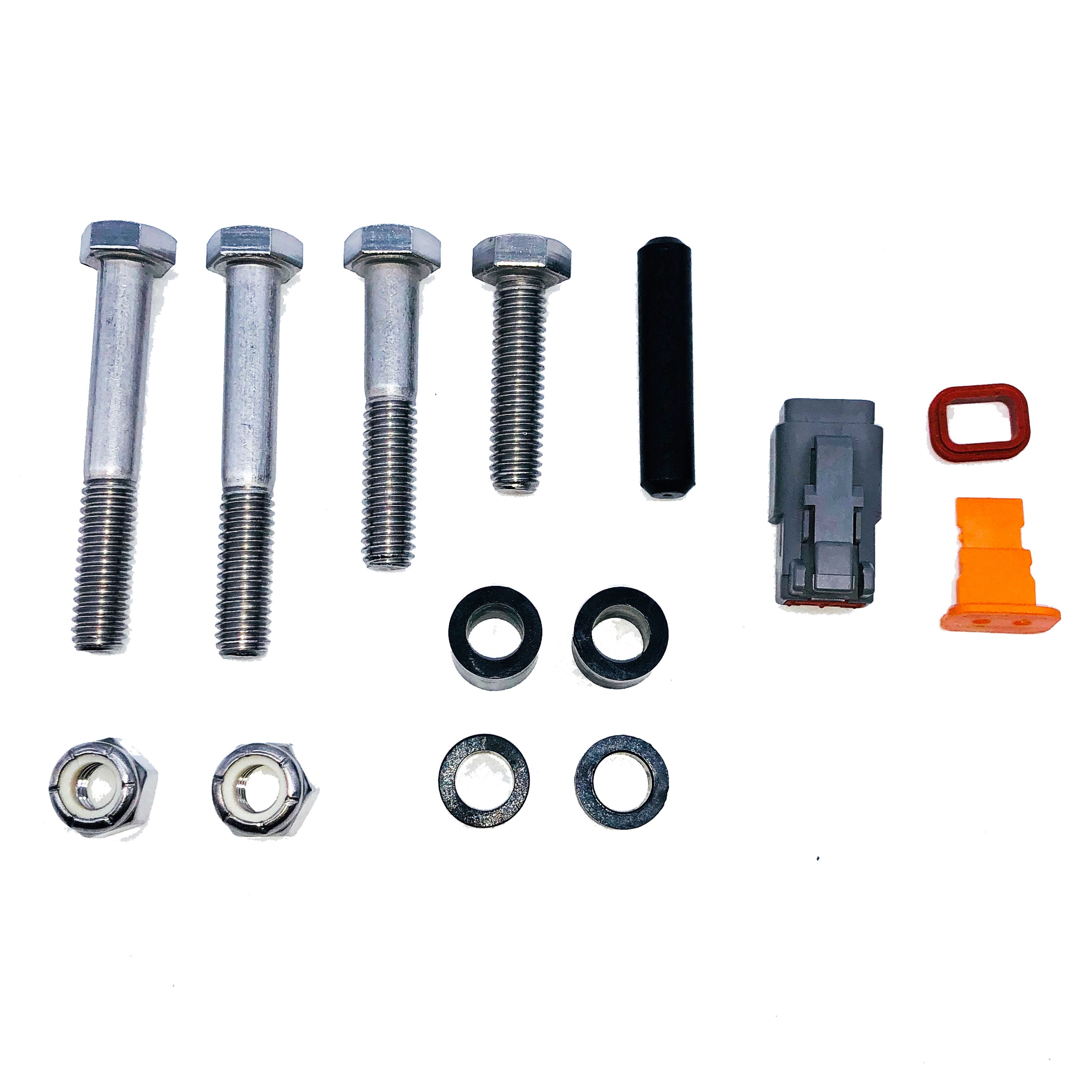 Components for the Malibu Power Wedge Actuator 5-Pole, 4-1/4" Stroke (5615008) by Malibu—including bolts, spacer, connector, cap, gasket, washers, and hex nuts—are neatly arranged on a white background.