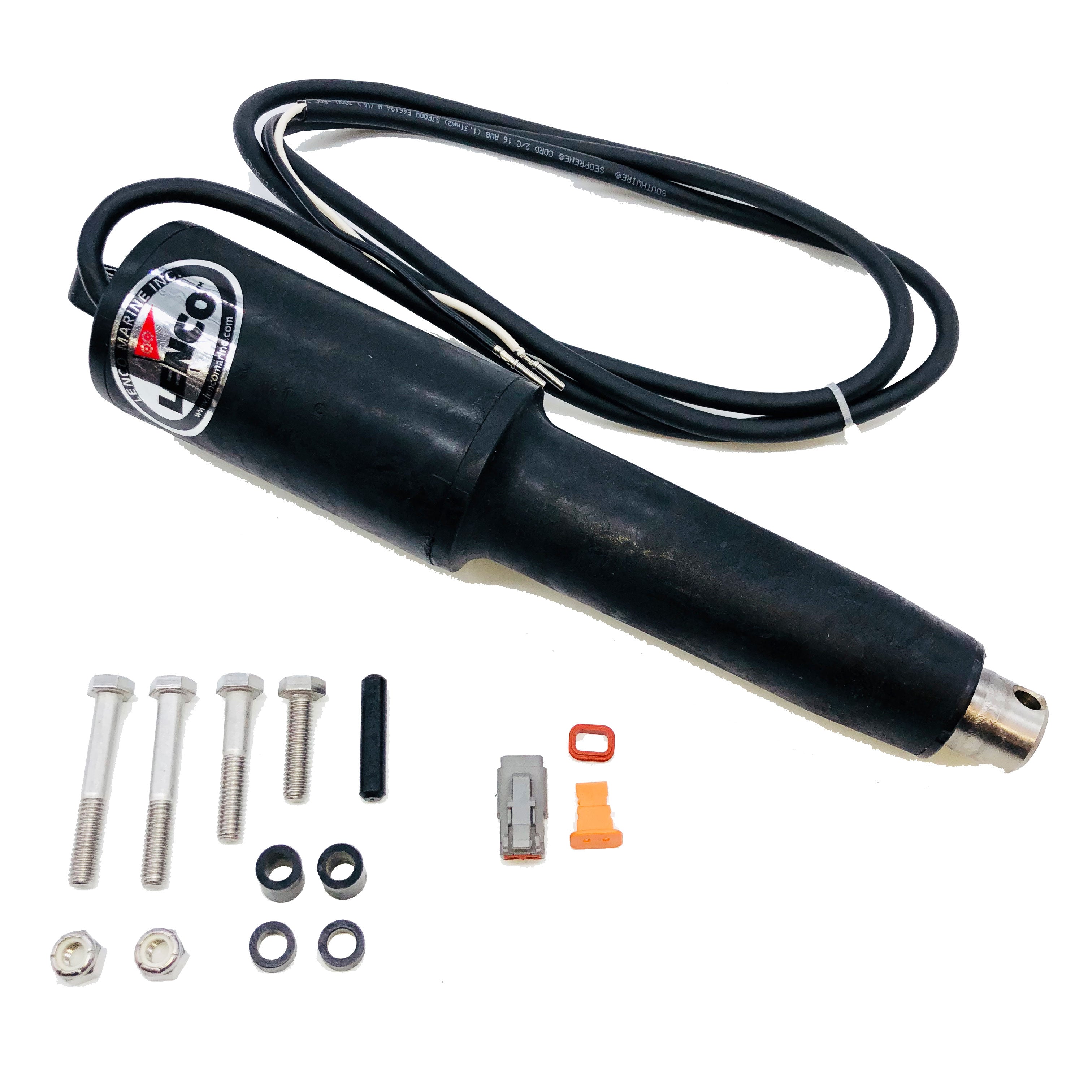 The Malibu Power Wedge Actuator 5-Pole, 4-1/4" Stroke (5615008) by Malibu is shown with a cord, bolts, nuts, washers, a connector, and small orange and black hardware components, all featuring an improved seal on a white background.