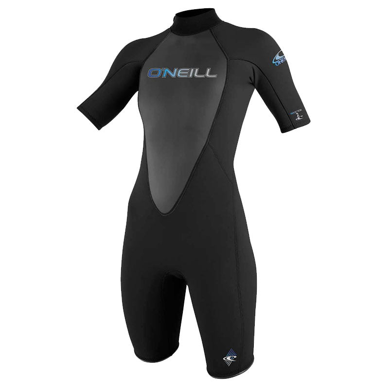 The O'Neill Women's Reactor Spring Suit is a black, short-sleeve, short-leg wetsuit with a grey chest panel and blue logo text, featuring FluidFlex technology and shown on a white background.