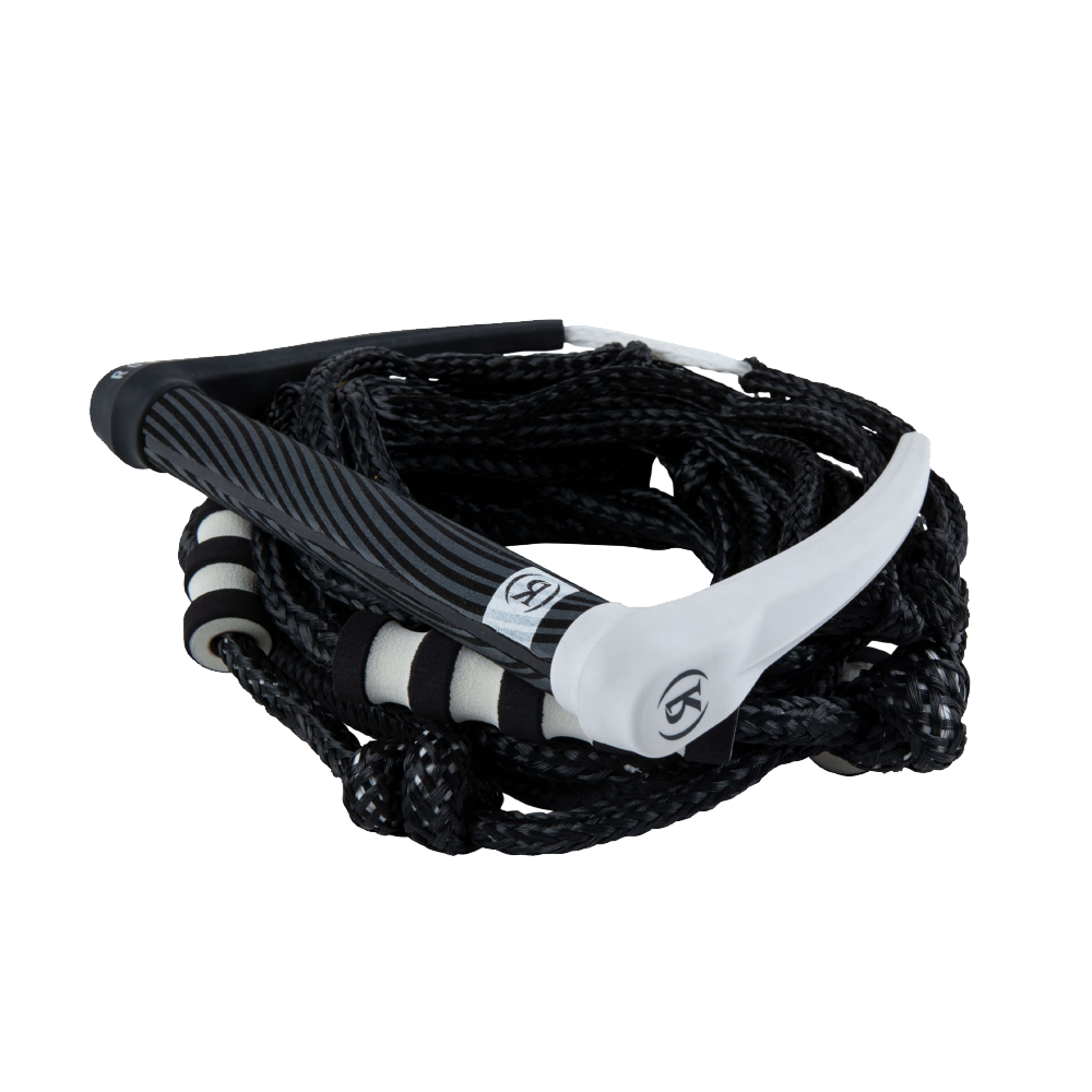 The Ronix Silicone Bungee Surf Rope - Black by Ronix features a durable braided design and a memory foam grip handle, coiled neatly, ideal for water sports like wake surfing.