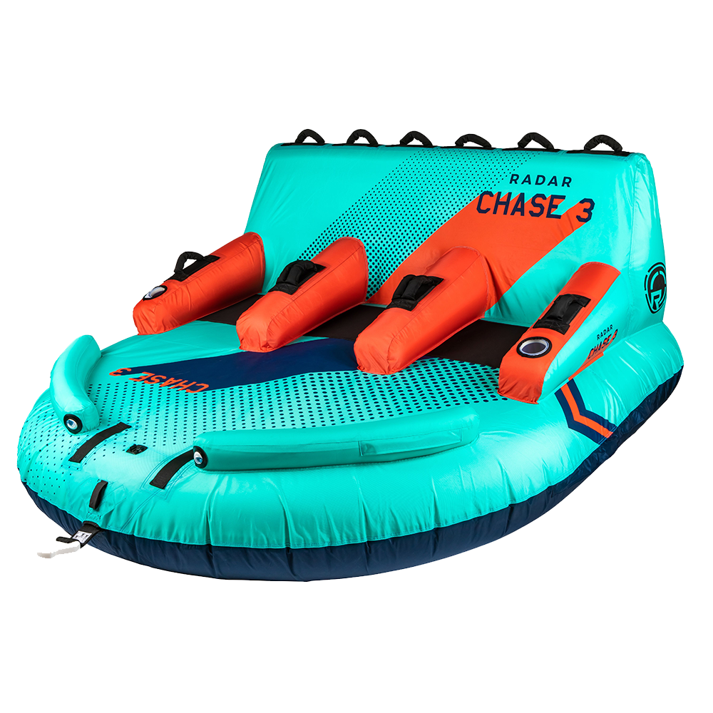 The Radar Chase Lounge 3 Person Tube features Spoon-O-Vation technology and offers neoprene seat padding for maximum comfort. Its bold teal and orange design stands out against a yellow backdrop, with secure handles providing a thrilling ride for up to three people.